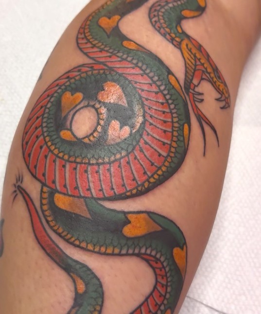 Coiled traditional snake tattoo in red and green