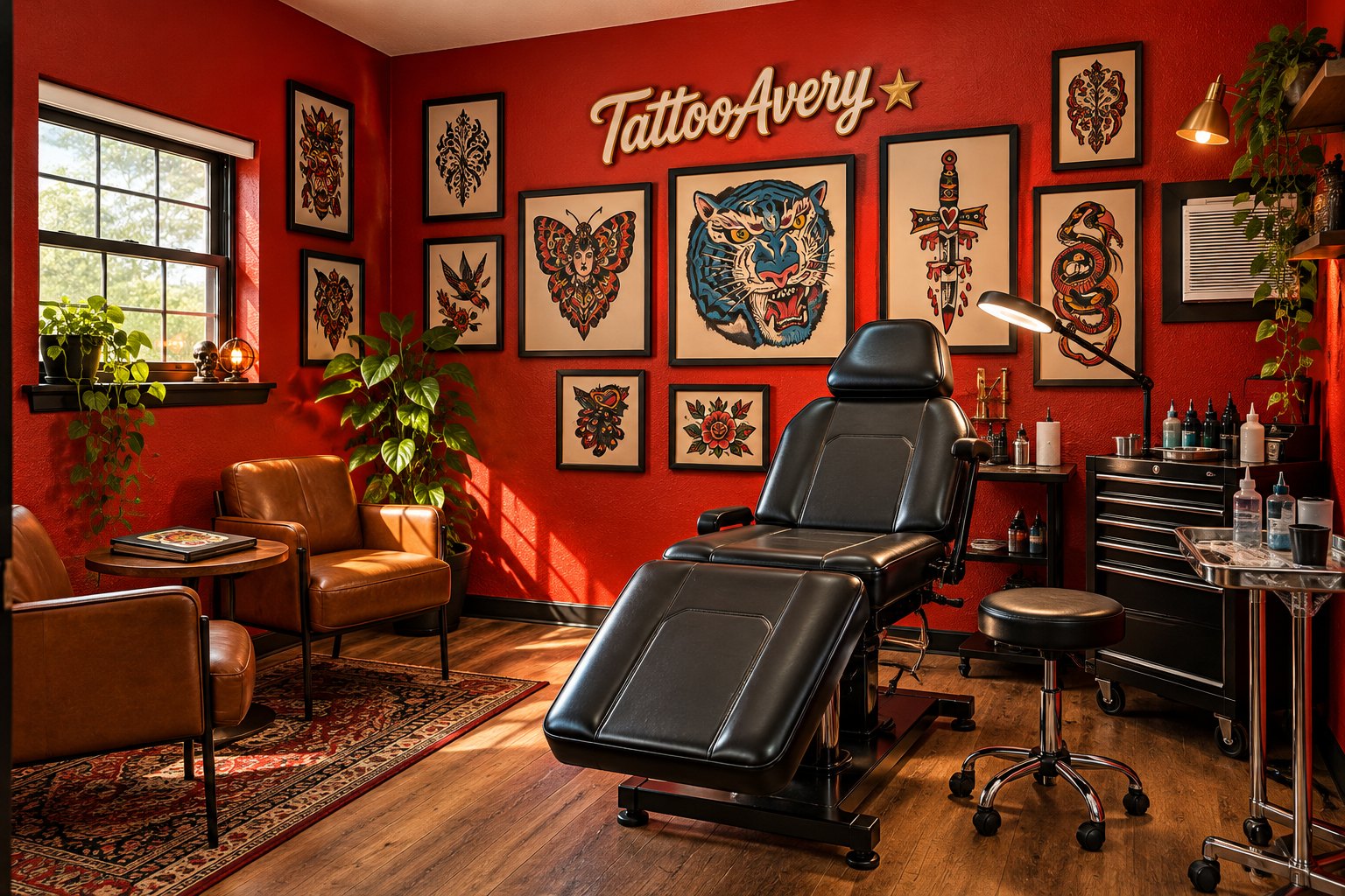The TattooAvery studio: red walls of framed flash, the tattoo chair, and the ink station