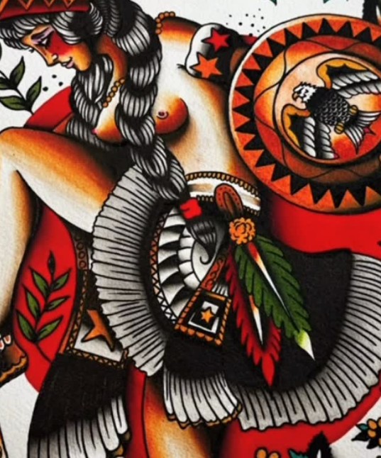 Painted flash of a woman with feathered headdress and eagle shield